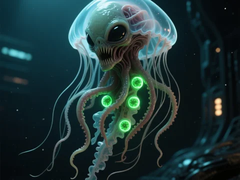 Floating Alien Horror Creature with Bioluminescent Orbs