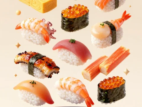 Floating Assortment of Sushi Pieces Above Blue Plate