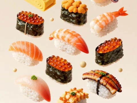 Floating Assortment of Sushi Pieces Above Blue Plate