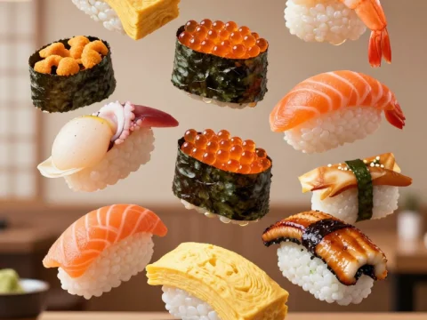 Floating Assortment of Sushi Pieces Over Plate