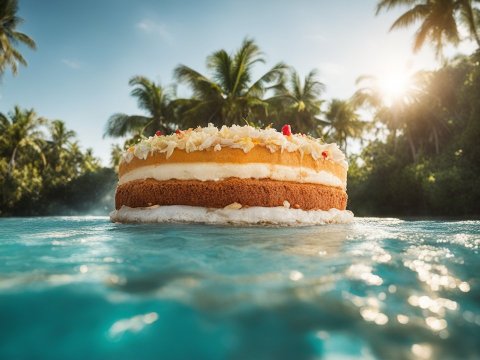 Floating Cake on Tropical Water with Clear Sky