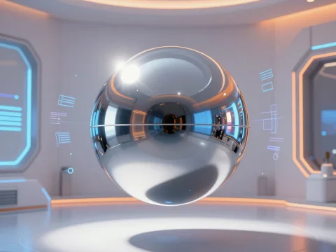 Floating Chrome Sphere in Futuristic Room
