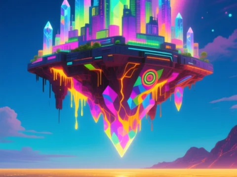 Floating Crystal City Above Molten Lava Ocean