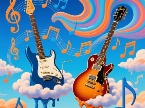 Floating Electric Guitars with Musical Notes in a Dreamy Sky
