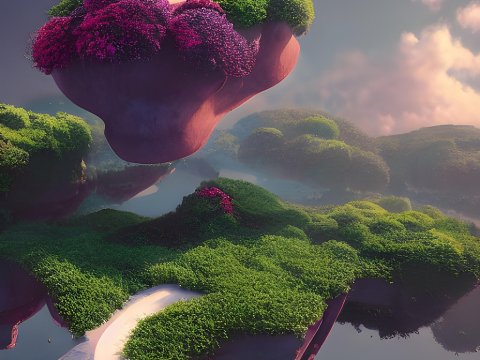 Floating Fantasy Island with Lush Greenery and Vibrant Trees