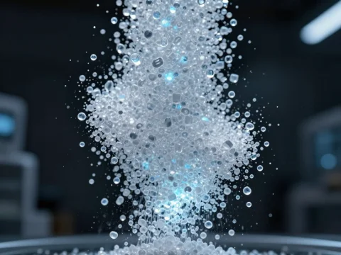 Floating Glowing Polymer Particles in a Futuristic Lab