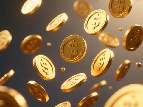 Floating Gold Coins with Dollar Signs in 3D Render