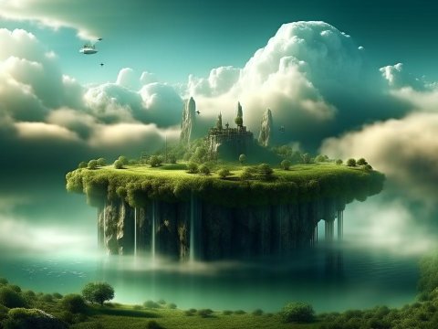 Floating Island with Waterfalls Amidst Clouds
