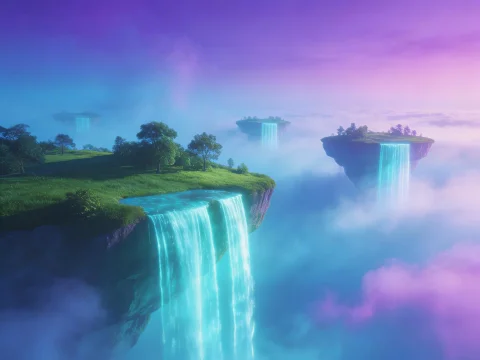 Floating Islands with Glowing Waterfalls in a Dreamy Sky