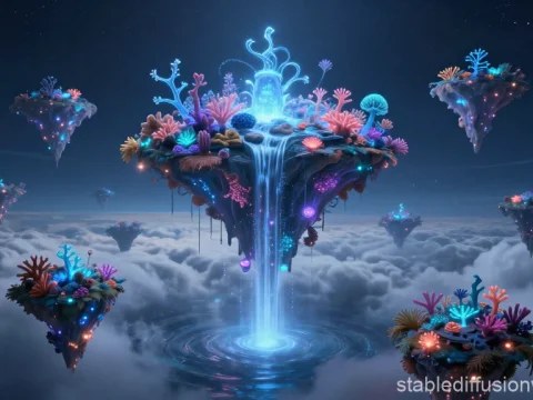 Floating Islands with Luminescent Coral and Waterfalls Above Clouds