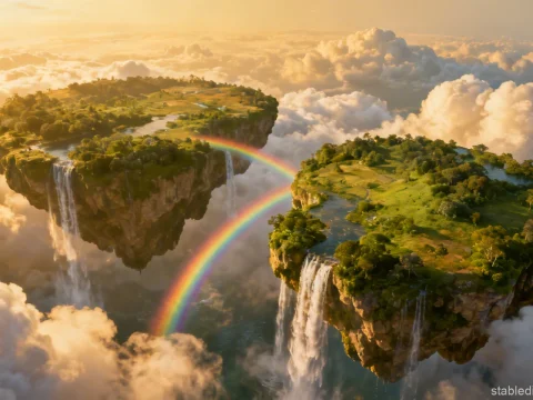 Floating Islands with Waterfalls and Rainbows in the Sky
