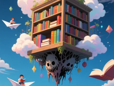 Floating Library with Children on Paper Airplanes