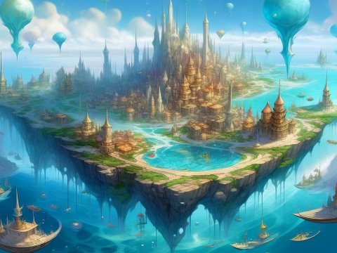Floating Magical City with Towering Spires and Airborne Vessels