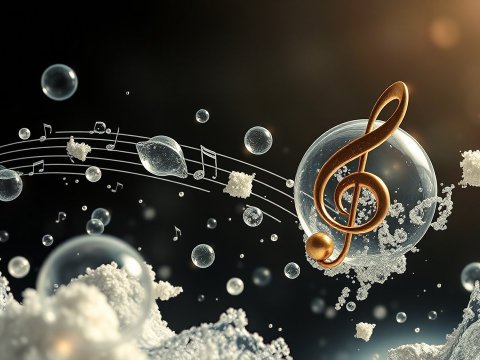 Floating Musical Notes and Treble Clef in Abstract Space