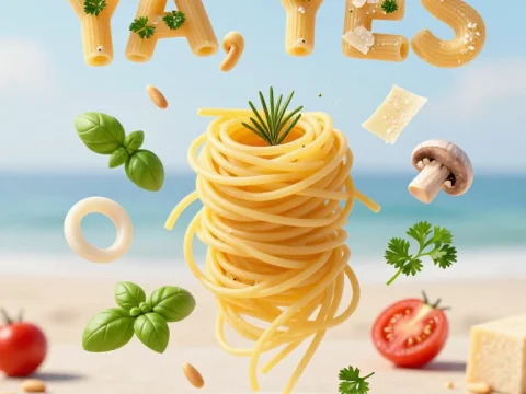 Floating Pasta Letters and Ingredients Over Plate by the Beach