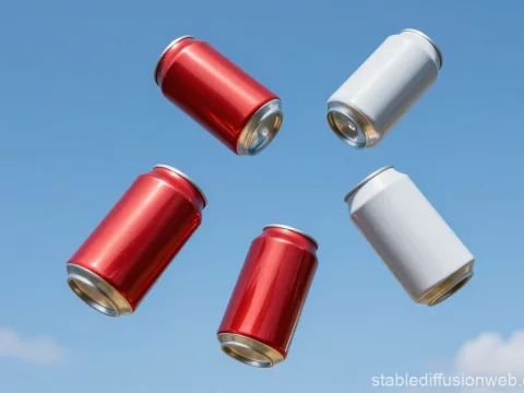 Floating Red and White Soda Cans Against Summer Sky