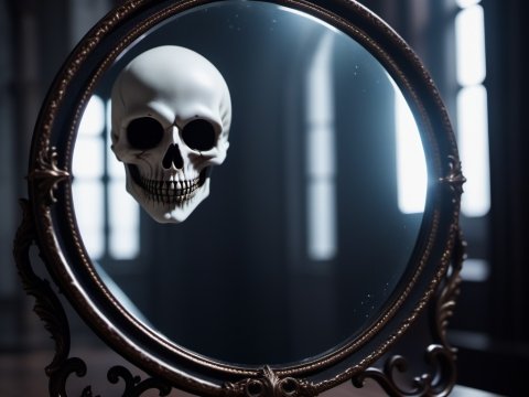 Floating Skull Reflected in Ornate Mirror