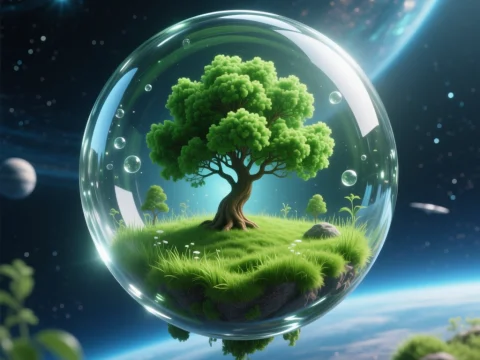 Floating Tree Island Encased in Glass Sphere in Space