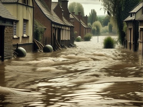 Flooded Village Street with Rising Water Levels