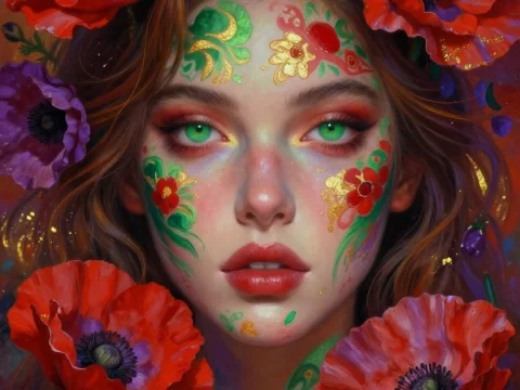 Floral Face Portrait with Vibrant Poppies and Green Eyes