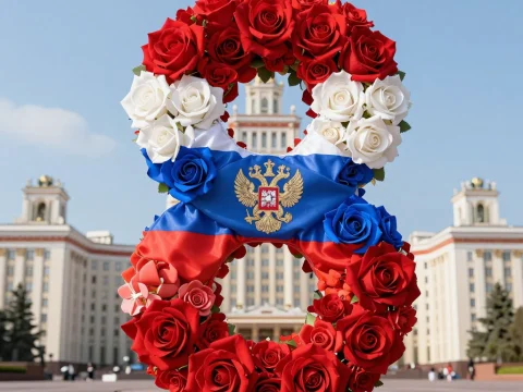 Floral Number 8 with Russian Flag and Roses in Front of Building