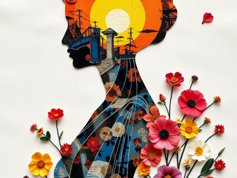 Floral Silhouette with Sunset and Urban Elements