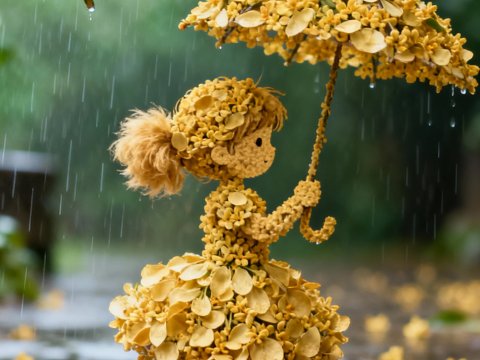 Flower Doll Holding Umbrella in Drizzling Rain