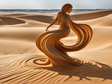 Flowing Sand Sculpture of a Dancing Woman in Desert