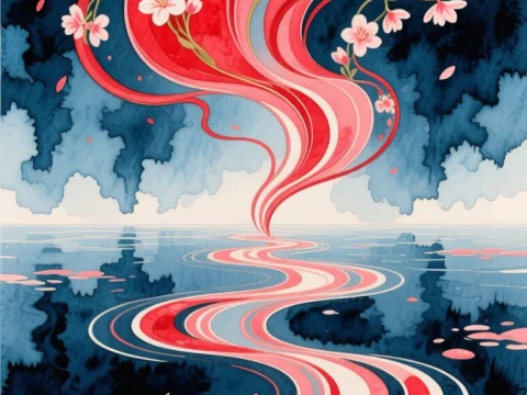 Flowing Scarlet Stream with Cherry Blossoms in Watercolor