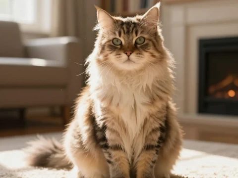 Fluffy Cat Bathed in Warm Golden Hour Light Indoors