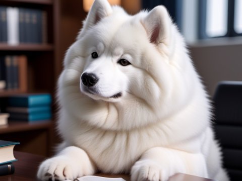 Fluffy White Samoyed Dog Reading a Book Indoors