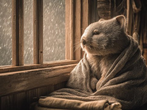 Fluffy Wombat Wrapped in Blanket by Rainy Window