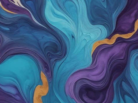 Fluid Abstract Swirls in Blue and Purple with Gold Accents