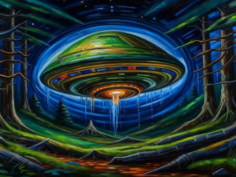 Fluorescent UFO Hovering in a Mystical Forest