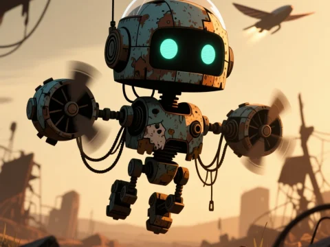 Flying Archivist Robot in a Post-Apocalyptic Landscape