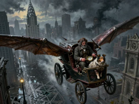 Flying Flivver Over a Decaying Cityscape