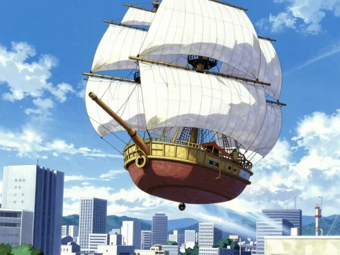 Flying Sail Ship Over Modern Cityscape