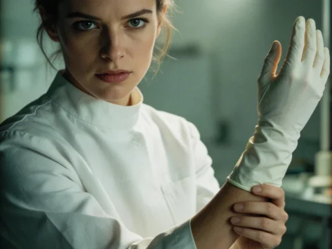 Focused Female Doctor Wearing Medical Gloves