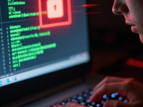 Focused Hacker Typing with Digital Lock Security Alert