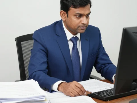Focused Indian Businessman Working at Desk with Documents