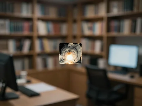 Focused Light Through a Small Glass Cube in a Cozy Office
