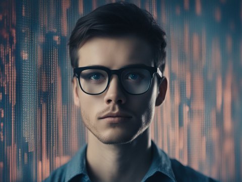 Focused Young Developer with Digital Code Background
