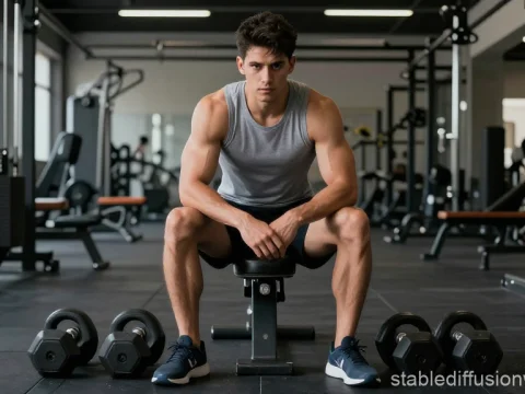 Focused Young Man Sitting on Bench in Modern Gym