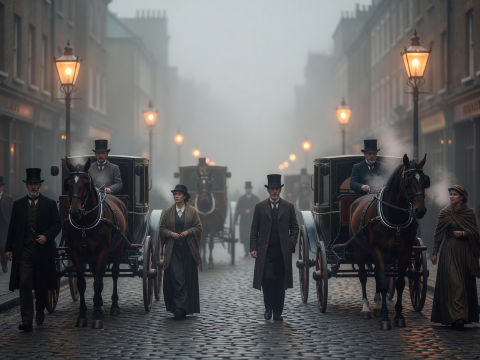 Foggy 1890s London Street with Carriages and Gaslights