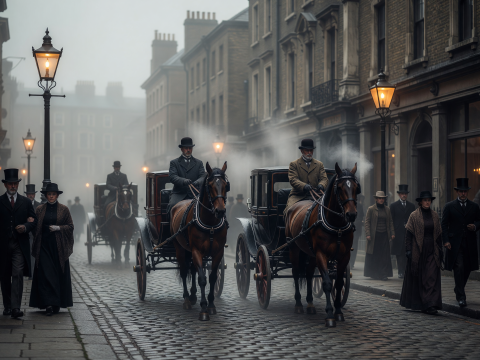 Foggy 1890s London Street with Gaslit Carriages
