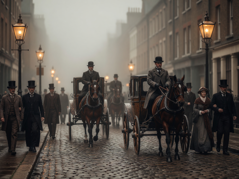 Foggy 1890s London Street with Horse Carriages and Gaslights