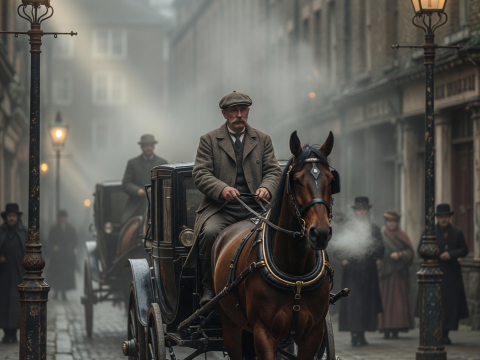 Foggy 1890s London Street with Horse-Drawn Carriage