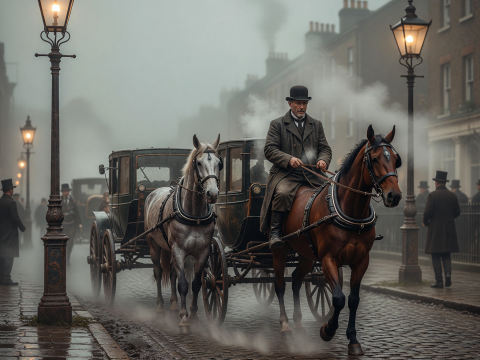 Foggy 1890s London Street with Horse-Drawn Carriage
