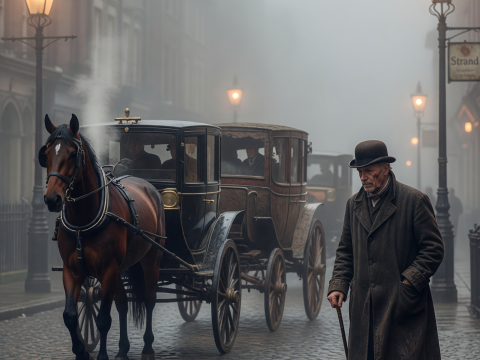 Foggy 1890s London Street with Horse-Drawn Carriage and Elderly Man