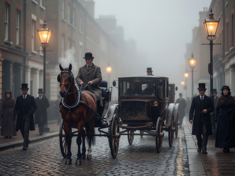 Foggy 1890s London Street with Horse-Drawn Carriage and Gaslights